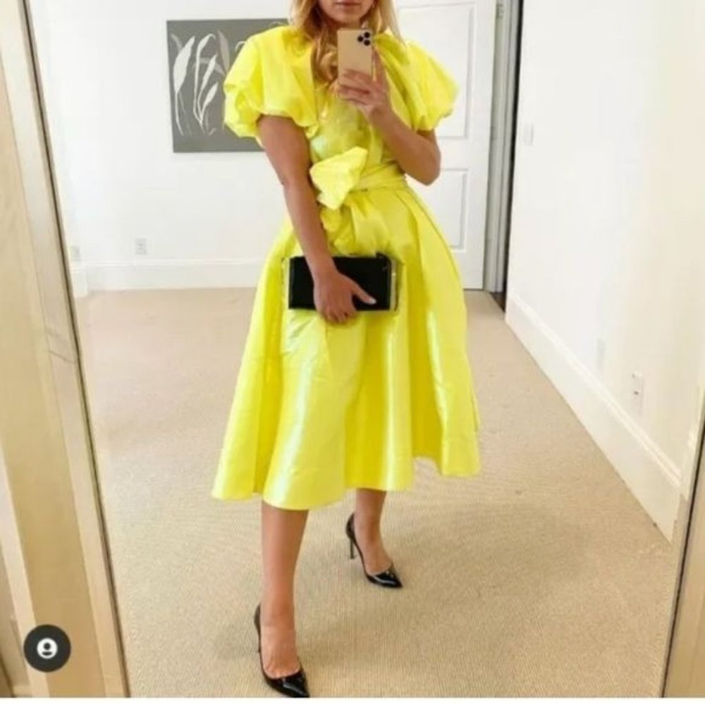 Christopher Rogers Woman Yellow Midi Dress XS Volume Iridescent Puff Sleeve New - Picture 4 of 15